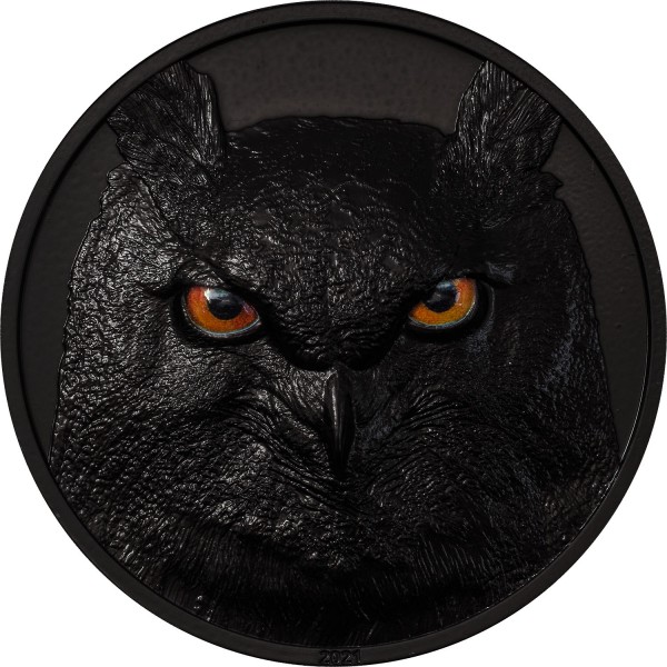 Eagle Owl - Hunters by Night - 2 Ounce Silver Obsidian Black 10$ Palau 2021