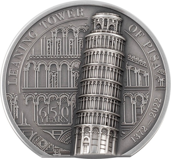 2 Unzen Silber Antique Finish 650 Jahre Der schiefe Turm von Pisa 10$ Cook Islands 2022