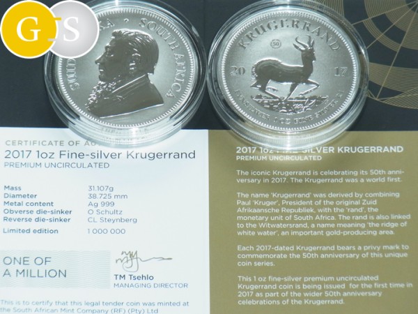 1 Oz Silber P.U. Krügerrand 50 Jahre Südafrika 2017 South Africa Silver Krugerrand