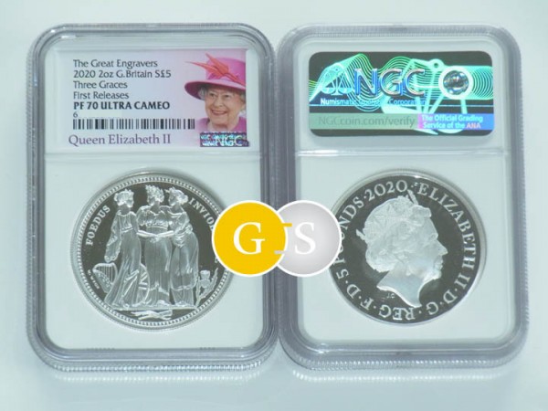 Three Graces - The Great Engravers - PF 70 First Releases 2 Oz Silber Proof 5 £ United Kingdom 20