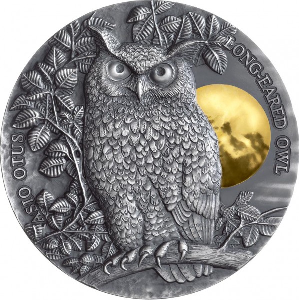 2 Oz Silber Antique Finish Die Waldohreule 5$ Niue 2019