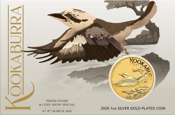 1 Unze Silber BU vergoldet Kookaburra Perth Stamp and Coin Show Special Kookaburra 2026 Australien 