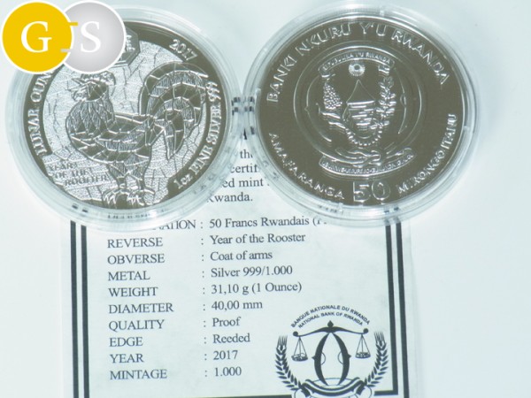 1 Unze Silber Proof Year of the Rooster Hahn Ruanda 2017 Silver Rwanda