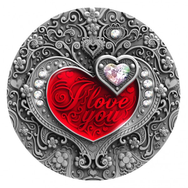 2 Ounce Silver Antique Finish Heart - I Love You 2$ Niue 2020 Swarovski