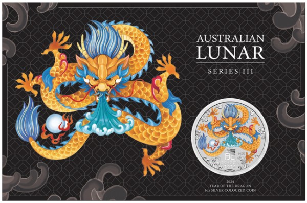 1 Unze Silber BU Farbe in Coincard Lunar III Jahr des Drachen 1 $ Australien 2024